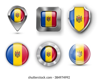 Moldova Metal and Glass Flag Badges, Buttons, Map marker pin and Shields. Vector illustrations