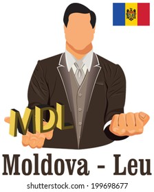 Moldova national currency Moldovan leu symbol representing money and Flag. Vector design concept of businessman in suit with his open hand over with currency isolated on white background in EPS10.