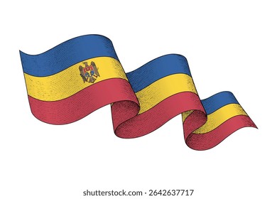 Moldova national flag waving ribbon shape with engraved vintage texture