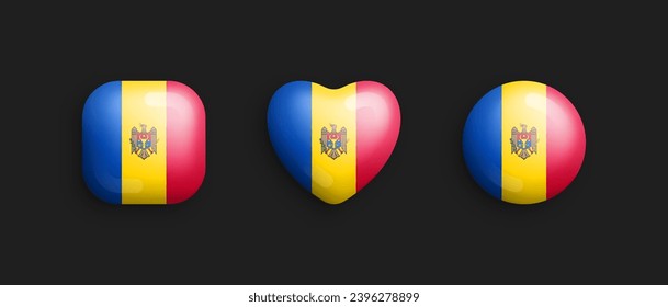 Moldova Official National Flag 3D Vector Glossy Icons In Rounded Square, Heart And Circle Shape Isolate On Background. Moldovan Sign And Symbols Graphic Design Elements Volumetric Buttons Collection