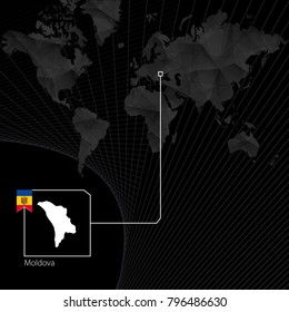 Moldova on black World Map. Map and flag of Moldova.