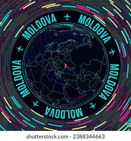 Moldova on globe. Satelite view of the world centered to Moldova. Bright neon style. Futuristic radial bricks background. Awesome vector illustration.