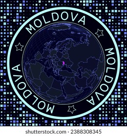 Moldavia en vector del globo. Vista satelital futurista del mundo centrada en Moldavia. Ilustración geográfica con forma de fondo de país y cuadrado. Colores luminosos de neón sobre fondo oscuro.