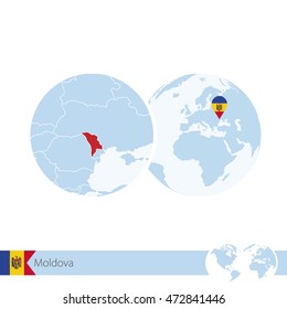 Moldova on world globe with flag and regional map of Moldova. Vector Illustration.