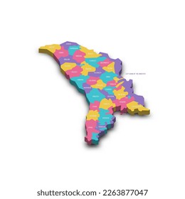 Moldova political map of administrative divisions - districts, municipalities and two autonomous territorial units - Gaugazia and Left Bank of the Dniester. Colorful 3D vector map with dropped shadow