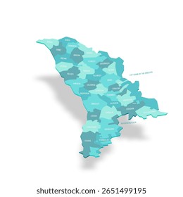Mapa político moldavo das divisões administrativas - distritos, municípios e duas unidades territoriais autônomas - Gaugazia e Banco Esquerdo do Dniester. Mapa de vetor turquesa 3D com rótulos de nome.