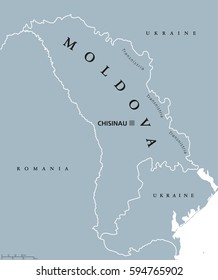 Moldova political map with capital Chisinau, Transnistria, national borders and neighbors. Also Moldavia, landlocked republic and country in Eastern Europe. Gray illustration. English labeling. Vector