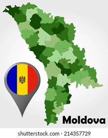 Moldova political map with green shades and map pointer.