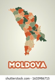 Moldova poster in retro style. Map of the country with regions in autumn color palette. Shape of Moldova with country name. Modern vector illustration.