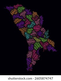 Moldova Regions Word Clouds. Bright neon style design on a dark background. Region names of the country in the Romanian language. Country shape with administrative division. Beautiful vector illustration.
