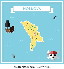 Moldova, Republic of flat treasure map.. Colorful cartoon treasure map of Moldova, Republic of with flat icons of pirate ship, jolly roger, treasure chest and banner ribbon.