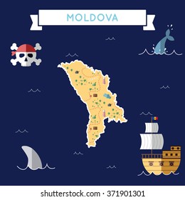 Moldova, Republic of treasure map in flat design.. Colorful cartoon treasure map of Moldova, Republic of with flat design icons of pirate ship and jolly roger.