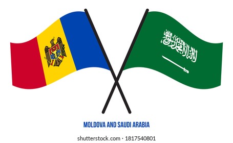 Moldova and Saudi Arabia Flags Crossed And Waving Flat Style. Official Proportion. Correct Colors.