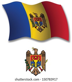 moldova shadowed textured wavy flag and coat of arms against white background, vector art illustration, image contains transparency transparency