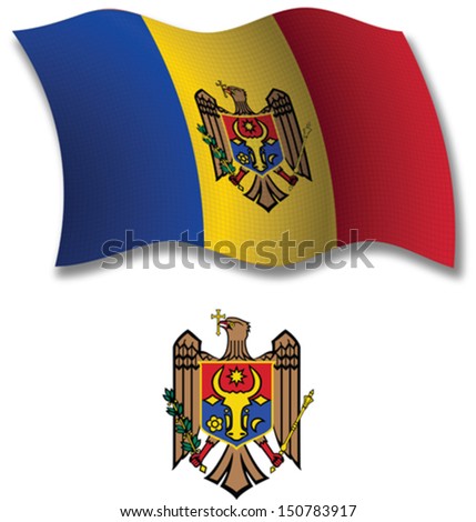 moldova shadowed textured wavy flag and coat of arms against white background, vector art illustration, image contains transparency transparency