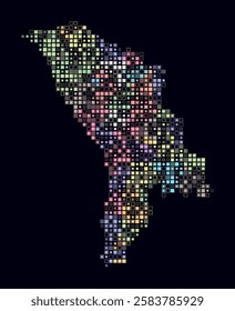 Moldova, shape of the country built of colored cells. Digital style map of Moldova on dark background. Small size square blocks. Stylish vector illustration.