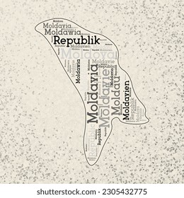 Moldova shape with country names word cloud in multiple languages. Moldova border map on classy triangles scattered around. Modern vector illustration.