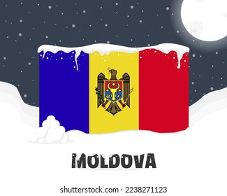 Moldova snowy weather concept, cold weather and snowfall, Moldova weather forecast winter banner idea, snow cap on flag with snowballs and moon, blizzard and adverse weather conditions