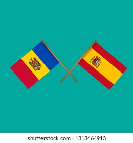 Moldova and Spain crossed flags.Language learning or travel concept.