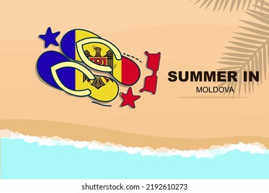 Moldova summer holiday vector banner, beach vacation concept, flip flops sunglasses starfish on sand, copy space area, Moldova summer travel and tourism idea with flag