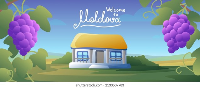 Moldova traditional rural house on fields background.