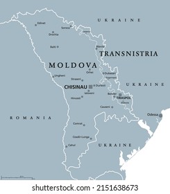 Moldova and Transnistria, gray political map. Republic of Moldova, with capital Chisinau, and Pridnestrovian Moldavian Republic, PMR, a disputed and unrecognized breakaway state with capital Tiraspol.