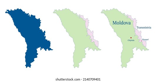 Moldova and Transnistria map. Pridnestrovian Moldavian Republic (PMR) map. Detailed blue outline and silhouette. Set of vector maps. All isolated on white background. Template for design.