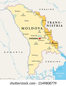 Moldova and Transnistria, political map. Republic of Moldova, with capital Chisinau, and the Pridnestrovian Moldavian Republic, PMR, a disputed and unrecognized breakaway state, with capital Tiraspol.