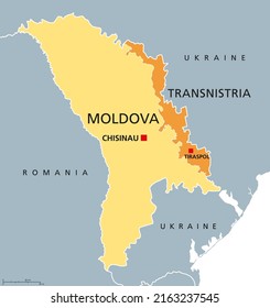 Moldova and Transnistria, political map. Republic of Moldova, with capital Chisinau, and the Pridnestrovian Moldavian Republic, PMR, a disputed and unrecognized breakaway state, with capital Tiraspol.