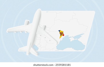 Moldova Travel Illustration with Plane and National Flag. Ideal for travel agencies, promotional materials, or geographic content related to Moldova.