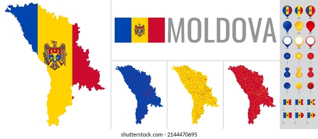 Moldova vector map with flag, globe and icons on white background
