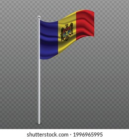 Moldova waving flag on metal pole. Vector illustration.