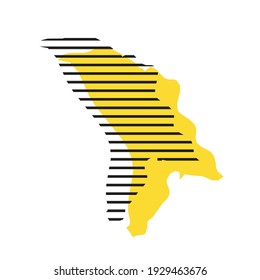 Moldova - yellow country silhouette with shifted black stripes. Memphis Milano style design. Slimple flat vector map.