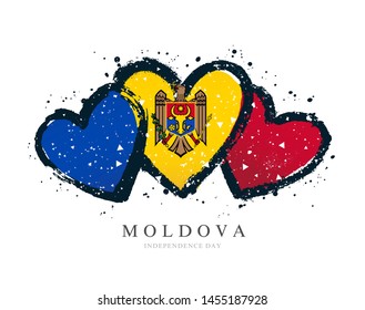 Moldovan flag in the form of three hearts. Vector illustration on white background. Brush strokes drawn by hand. Independence Day of Moldova.