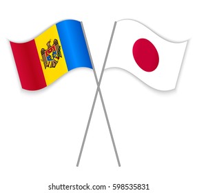 Moldovan and Japanese crossed flags. Moldova combined with Japan isolated on white. Language learning, international business or travel concept.