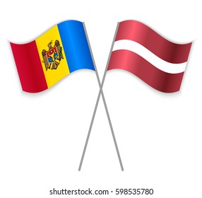 Moldovan and Latvian crossed flags. Moldova combined with Latvia isolated on white. Language learning, international business or travel concept.