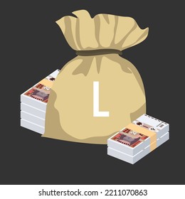 Moldovan Leu Vector Illustration. Moldova money set bundle banknotes. Money bag 200 MDL. Flat style. Isolated on white background. Simple minimal design.
