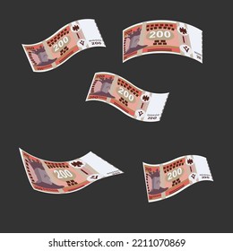 Moldovan Leu Vector Illustration. Moldova money set bundle banknotes. Falling, flying money 200 MDL. Flat style. Isolated on white background. Simple minimal design.