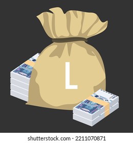 Moldovan Leu Vector Illustration. Moldova money set bundle banknotes. Money bag 1000 MDL. Flat style. Isolated on white background. Simple minimal design.
