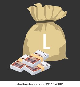 Moldovan Leu Vector Illustration. Moldova money set bundle banknotes. Money bag 200 MDL. Flat style. Isolated on white background. Simple minimal design.