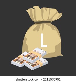 Moldovan Leu Vector Illustration. Moldova money set bundle banknotes. Money bag 100 MDL. Flat style. Isolated on white background. Simple minimal design.