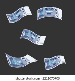 Moldovan Leu Vector Illustration. Moldova money set bundle banknotes. Falling, flying money 1000 MDL. Flat style. Isolated on white background. Simple minimal design.