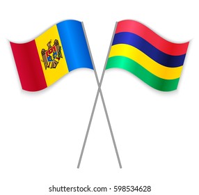 Moldovan and Mauritian crossed flags. Moldova combined with Mauritius isolated on white. Language learning, international business or travel concept.