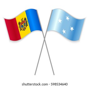 Moldovan and Micronesian crossed flags. Moldova combined with Micronesia isolated on white. Language learning, international business or travel concept.