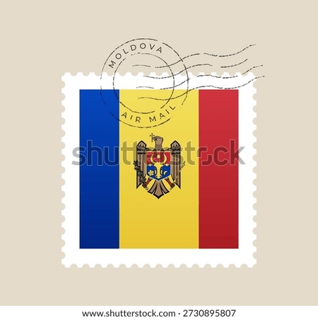 Moldovan national flag on a postage stamp with an air mail cancellation postmark, a vintage vector illustration..