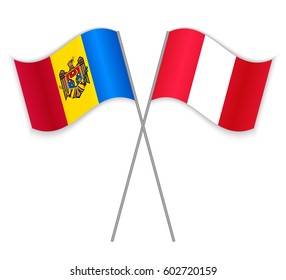 Moldovan and Peruvian crossed flags. Moldova combined with Peru isolated on white. Language learning, international business or travel concept.