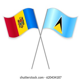 Moldovan and Saint Lucian crossed flags. Moldova combined with Saint Lucia isolated on white. Language learning, international business or travel concept.