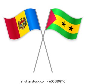 Moldovan and Sao Tomean crossed flags. Moldova combined with Sao Tome and Principe isolated on white. Language learning, international business or travel concept.