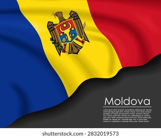 Moldovan waving flag template with a dark background and text placeholder for national day or travel concept. Vector illustration.