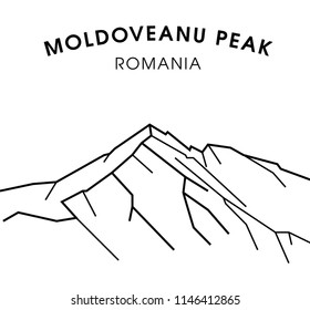 Moldoveanu Peak. Vector black and white illustration of mountains in Romania. Carpathians. Print design, poster.